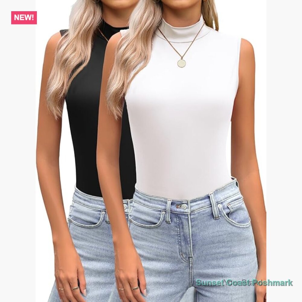 Mock Turtleneck Tank Top Slim Fit Stretchy Sleeveless Basic Tee
